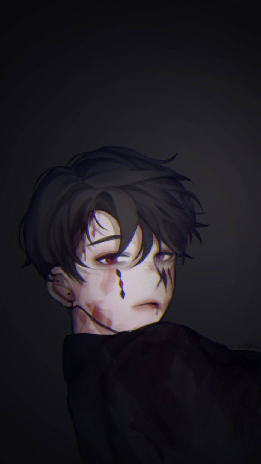 Edgy 桌布 壁紙 — 一個憂鬱的動漫男孩，黑髮，臉上帶有淚痕，背景為黑色。
