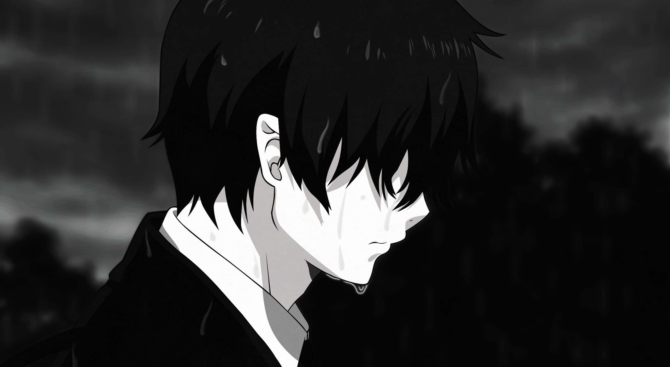 Monochrome 桌布 壁紙 — 一個憂鬱的動漫男孩，黑髮帶淚痕，在灰階雨景中向下凝視。