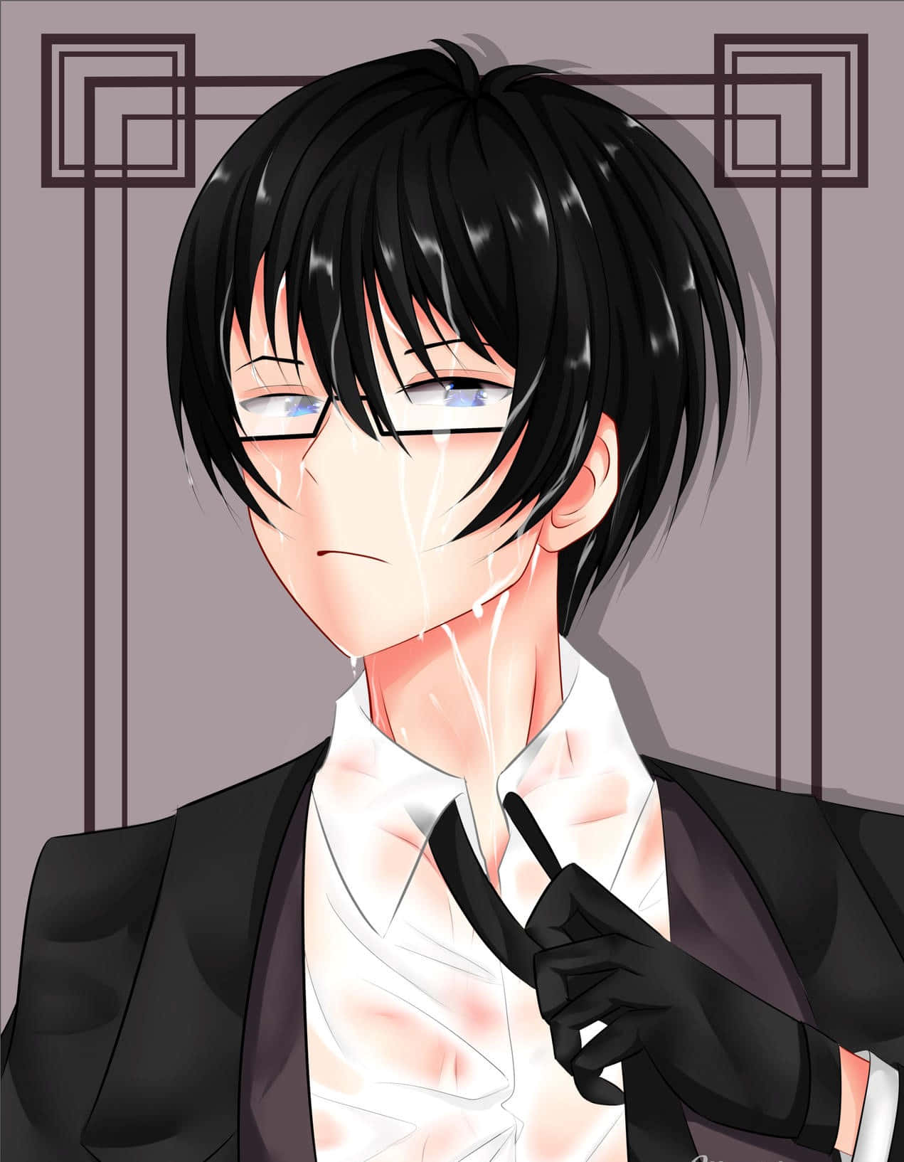 動漫男孩 桌布 壁紙 — 一個憂鬱的動漫男孩，黑髮戴眼鏡，穿著黑色西裝和白襯衫，流下眼淚。
