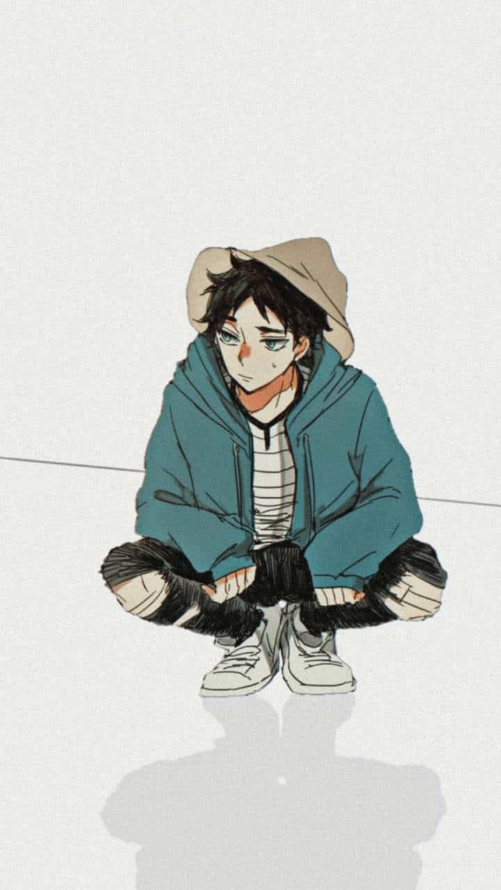 Chill Anime Phone 桌布 壁紙 — 一個憂鬱的動漫男孩，黑髮紅眼，盤腿坐在普通地板上，穿著青綠色連帽衫和米色帽子，投下柔和的陰影。