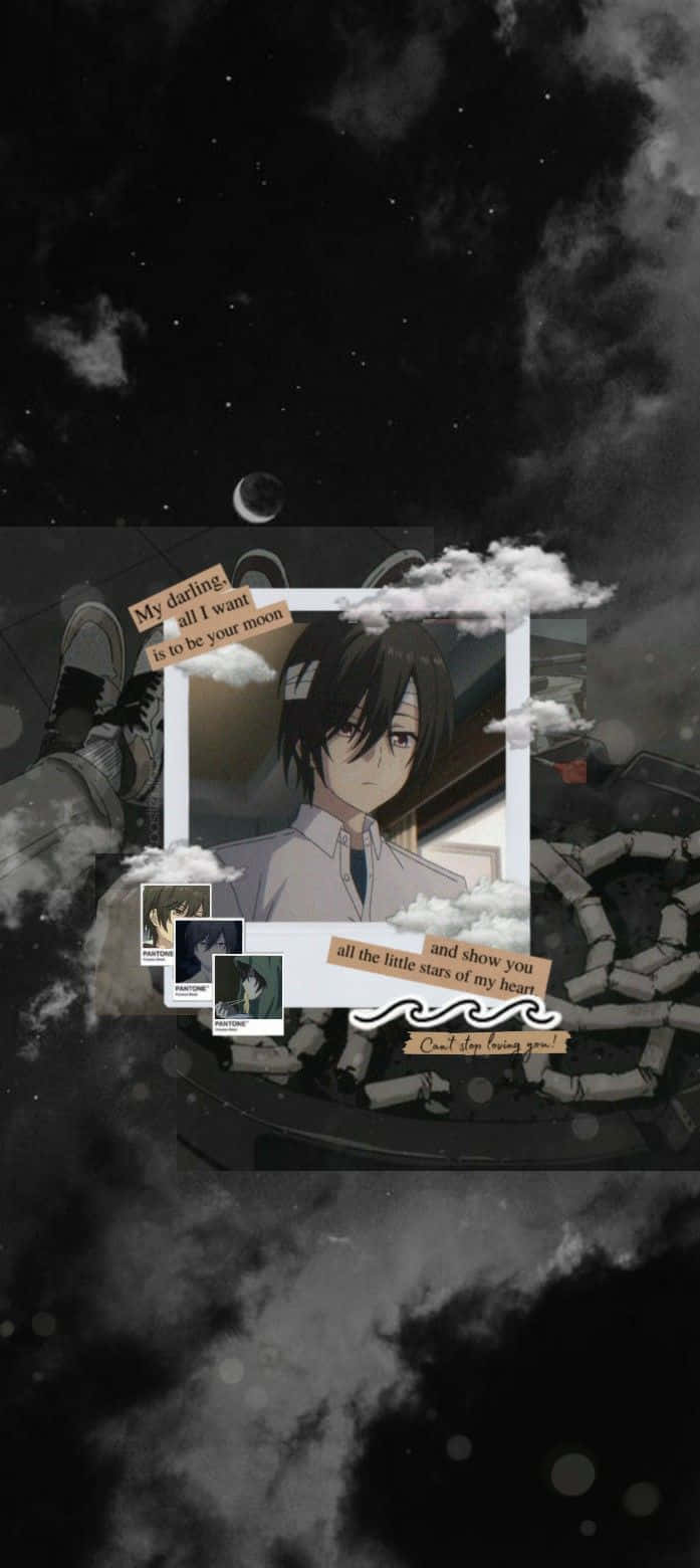 動漫 桌布 壁紙 — 一個憂鬱的動漫男孩在相框裡，漂浮在暴風雲中，新月之下，帶有詩意文字疊加。