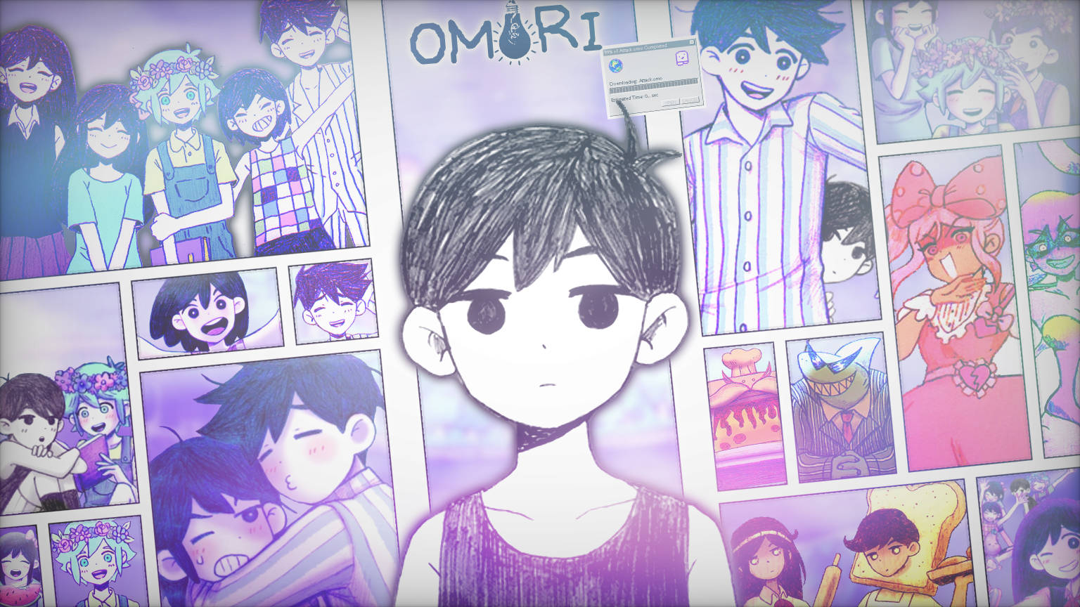 動漫男孩在 Omori 遊戲的漫畫面板前，紫色燈光 — Omori GIF 壁紙