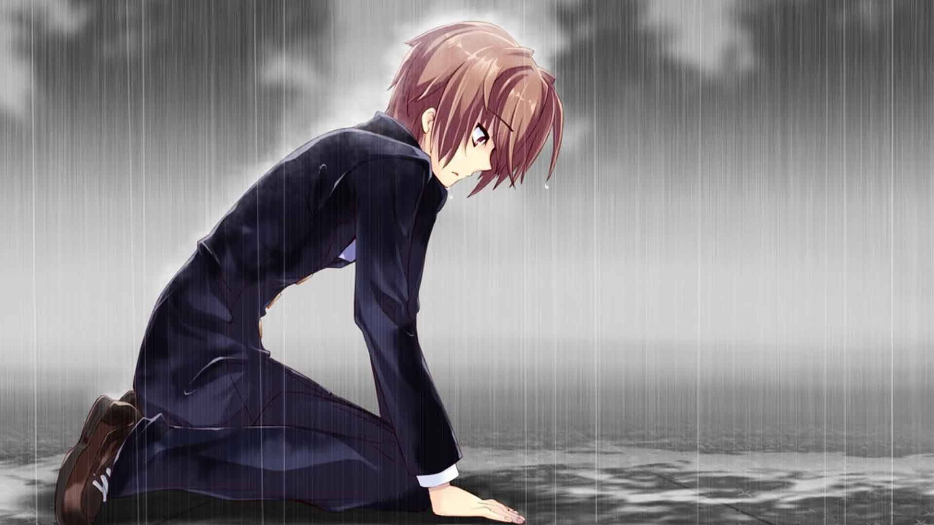 Nightcore 桌布 壁紙 — 一個憂鬱的動漫男孩跪在雨中，低著頭，水滴在他周圍落下，身處灰色世界。