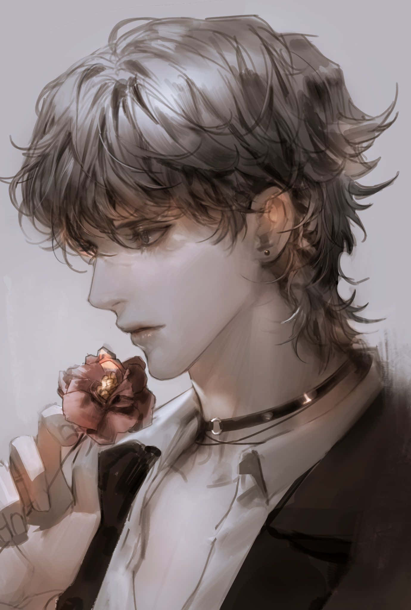 動漫藝術GIF 桌布 壁紙 — 一個憂鬱的動漫男性，銀色頭髮，手持一朵枯萎的玫瑰，背景是柔和的灰色。