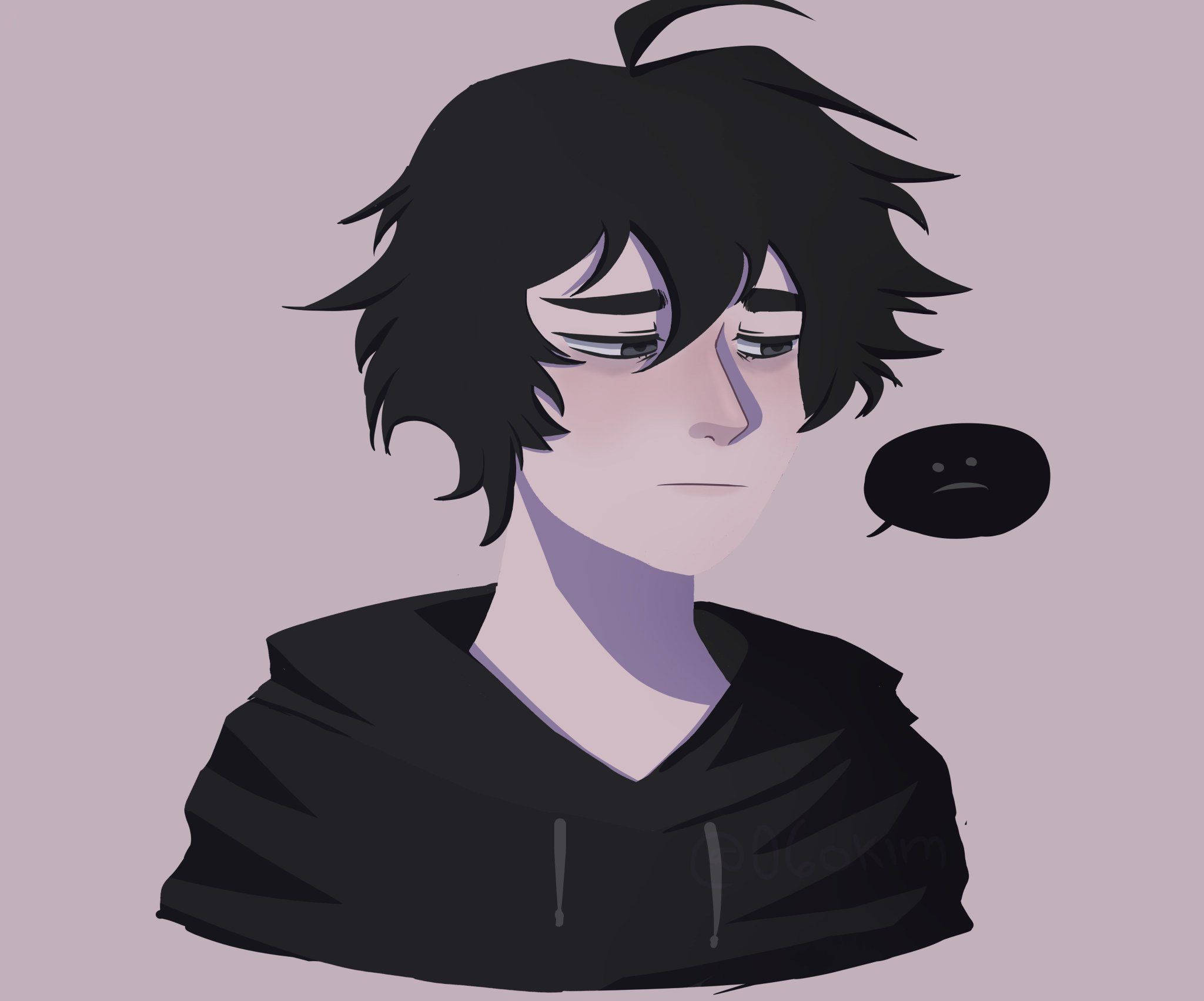 emo 頭像 桌布 壁紙 — 一個憂鬱的動漫角色，有著凌亂的黑髮和皺眉的臉，穿著黑色連帽衫，背景是柔和的紫色。