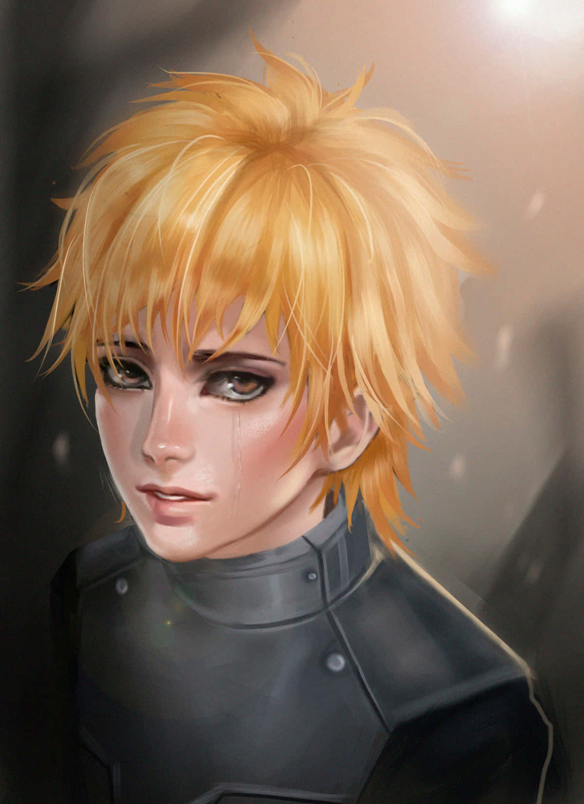 Hideyoshi Nagachika 桌布 壁紙 — 一個憂鬱的動漫角色，有著刺刺的金色頭髮和淚痕，穿著深色盔甲，背景是柔和的灰色。