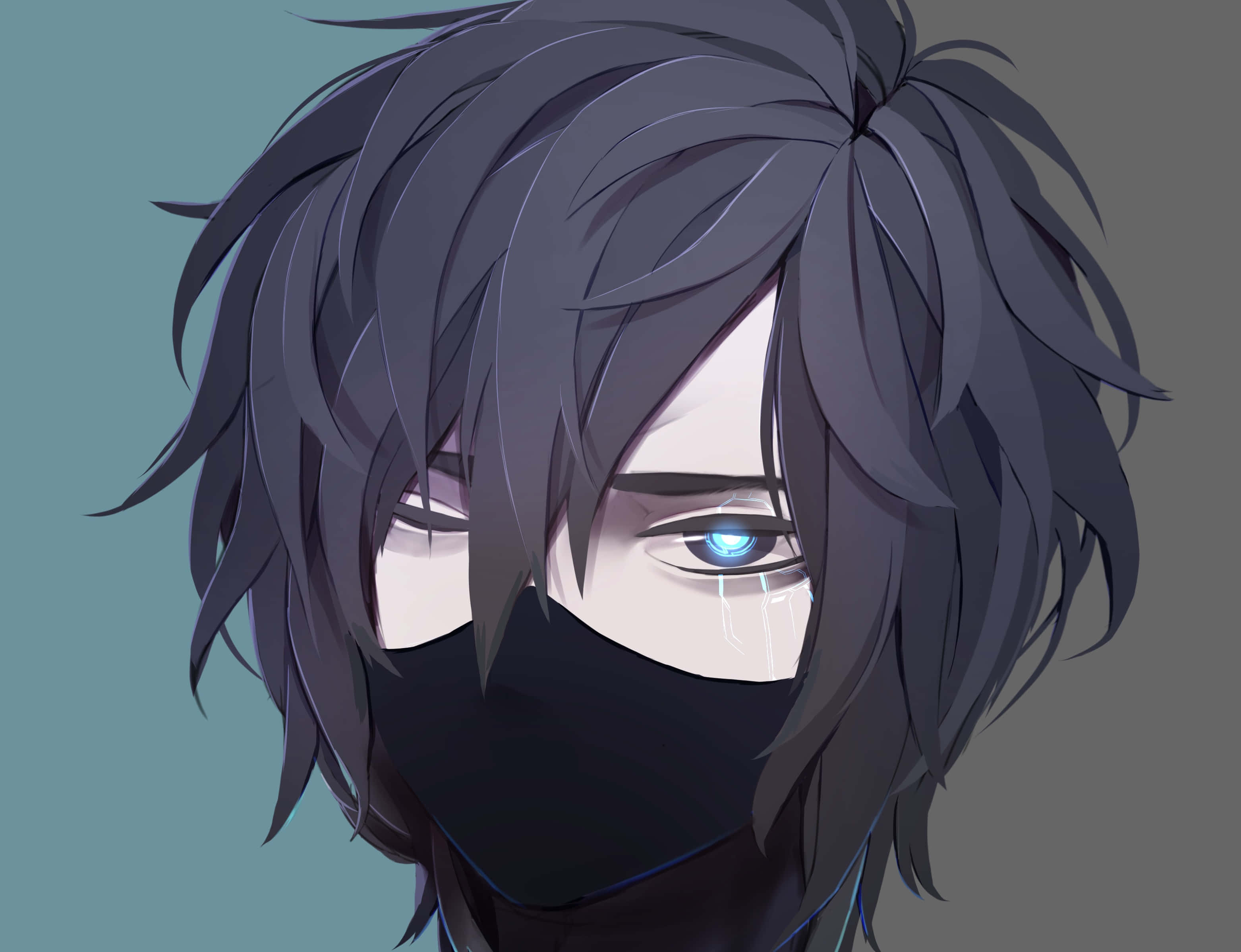 動漫男孩 桌布 壁紙 — 一個憂鬱的動漫角色，深色頭髮，發光的藍色眼睛，戴著黑色面具，在柔和的青綠色背景前流下一滴眼淚。