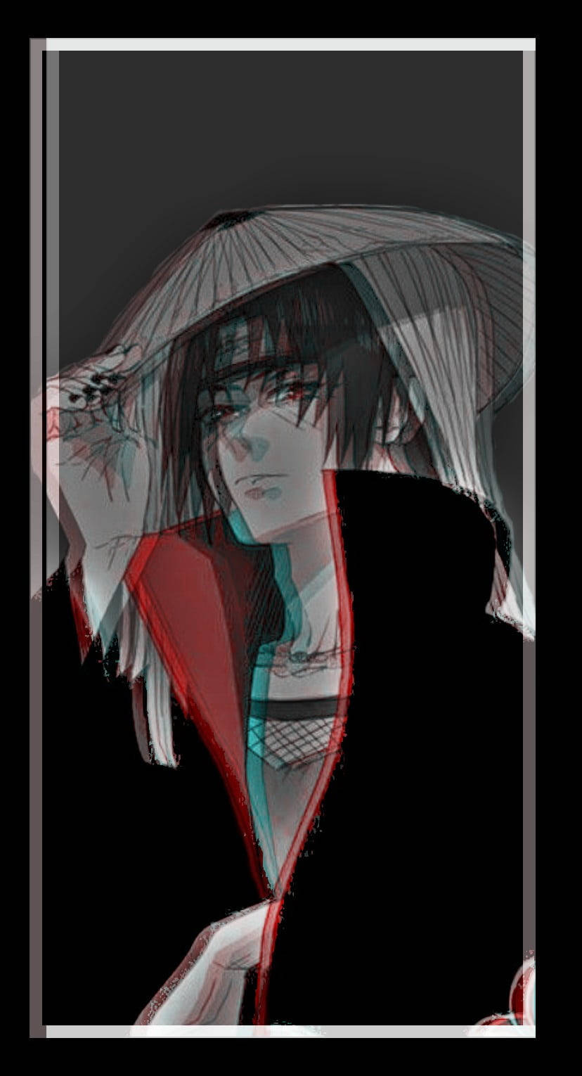 Itachi Cool 桌布 壁紙 — 一個憂鬱的動漫角色，深色頭髮和紅色眼睛，在純黑色背景下拿著灰色雨傘。