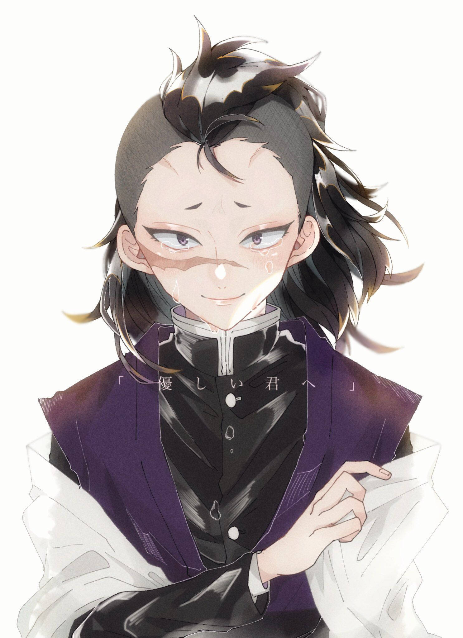 genya 桌布 壁紙 — 一個憂鬱的動漫角色，深色頭髮和紫色服裝，在純色背景前拿著一塊白布，淚水順著他的臉頰流下。