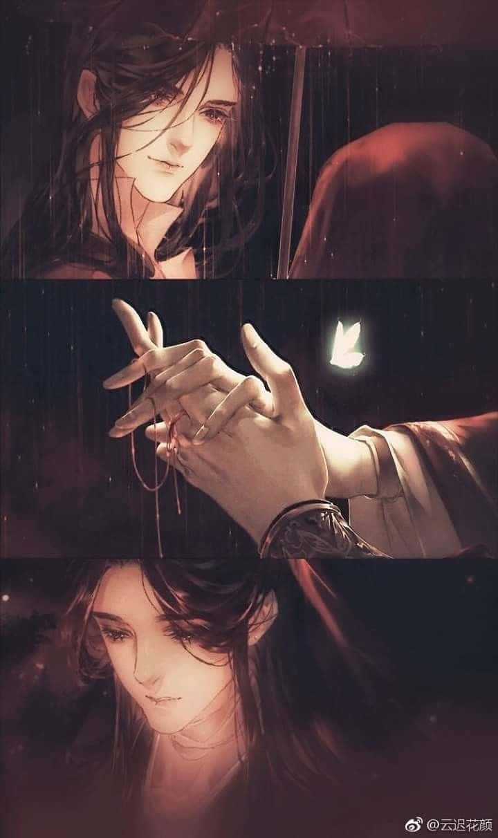 動漫 桌布 壁紙 — 一個憂鬱的動漫角色，濕漉漉的頭髮，在雨中撐著傘，雙手合十，有一隻發光的蝴蝶，場景陰暗而有氣氛。