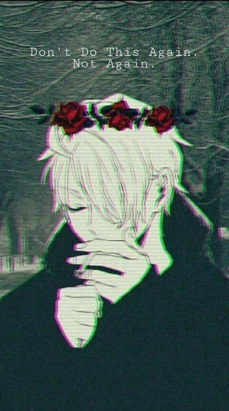 depressed anime 桌布 壁紙 — 一個憂鬱的動漫角色，白髮，頭上有紅玫瑰，在帶有故障效果的深色紋理背景前拿著香煙。