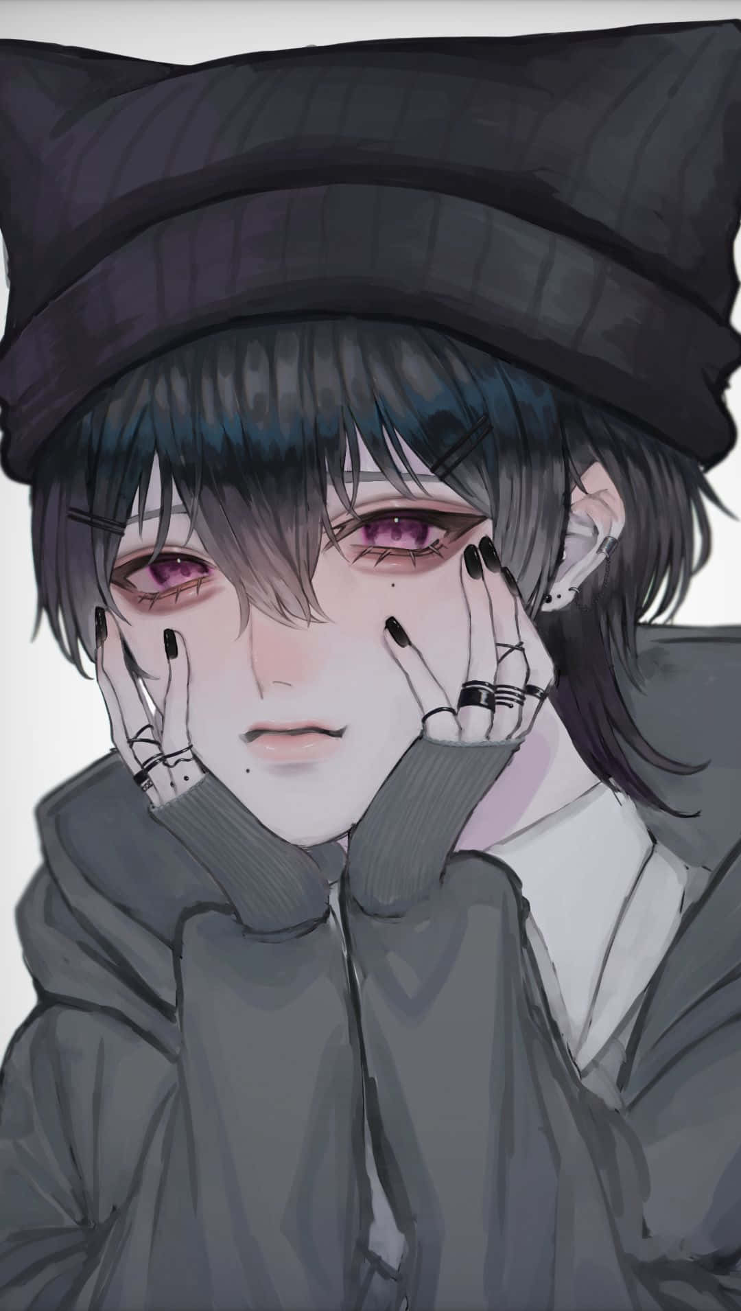 Dark Anime Boy 桌布 壁紙 — 一個憂鬱的動漫角色，紫色眼睛和黑色指甲油，輕輕地捧著臉，身穿深色連帽衫。