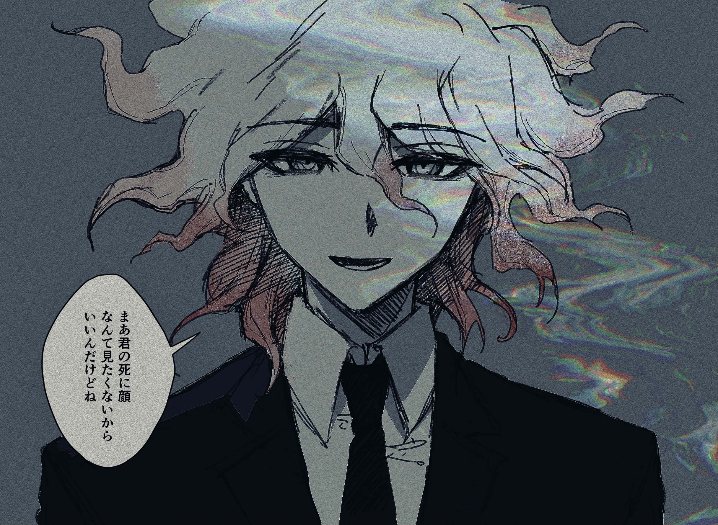 動漫男孩 桌布 壁紙 — 一個憂鬱的動漫角色，銀色頭髮，身穿西裝，在帶有故障效果的彩虹色背景前，帶著詭異的微笑凝視著。