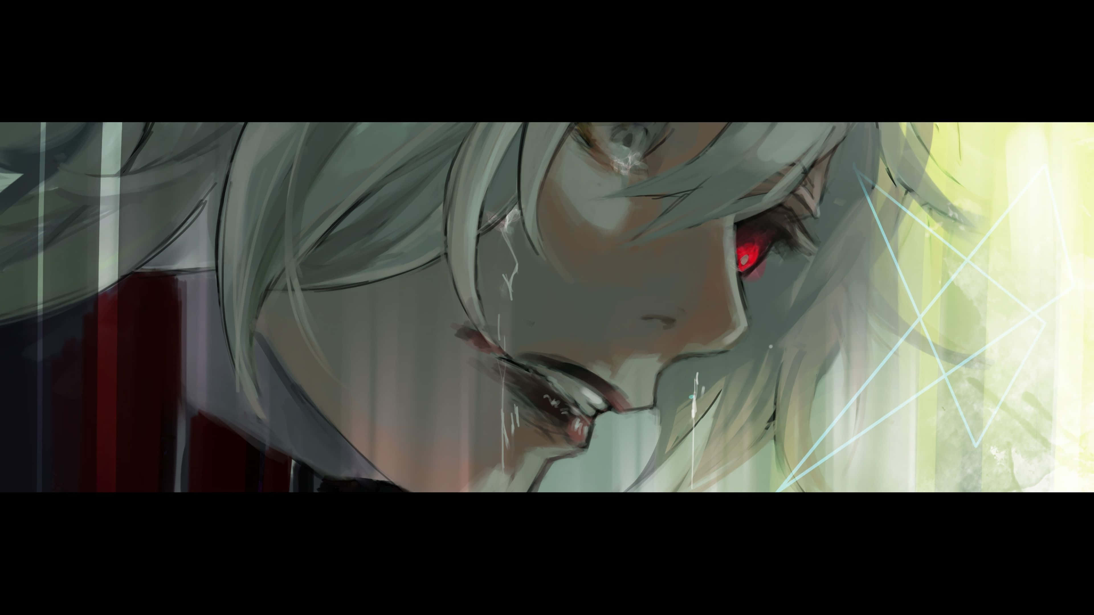 Seidou Takizawa 桌布 壁紙 — 一個憂鬱的動漫角色，銀色頭髮和發光的紅色眼睛，在發光的幾何背景前流淚。