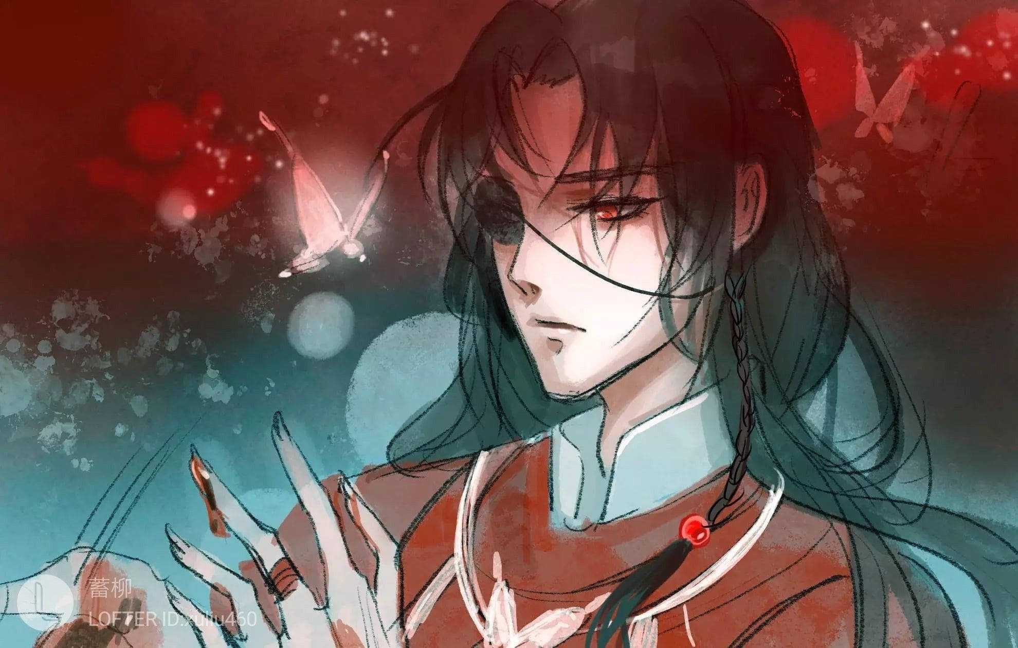 hua cheng 桌布 壁紙 — 一個憂鬱的動漫角色，黑髮紅眼，在紅色和青綠色的背景下向前凝視，發光的蝴蝶在他周圍飛舞。