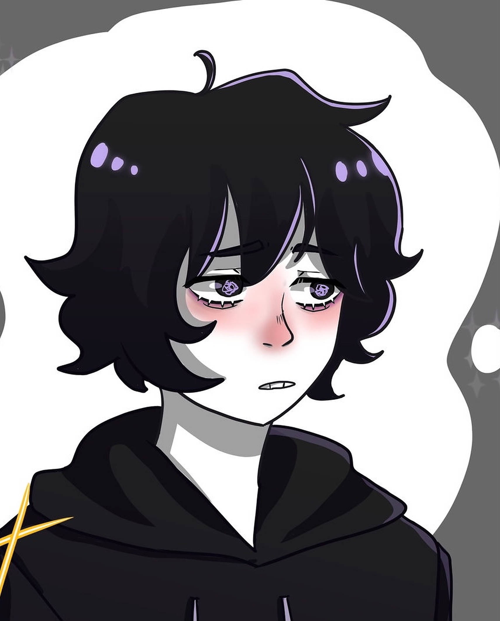emo 頭像 桌布 壁紙 — 一個憂鬱的動漫角色，黑髮紫眼，穿著黑色連帽衫，背景是柔和的灰色和白色。
