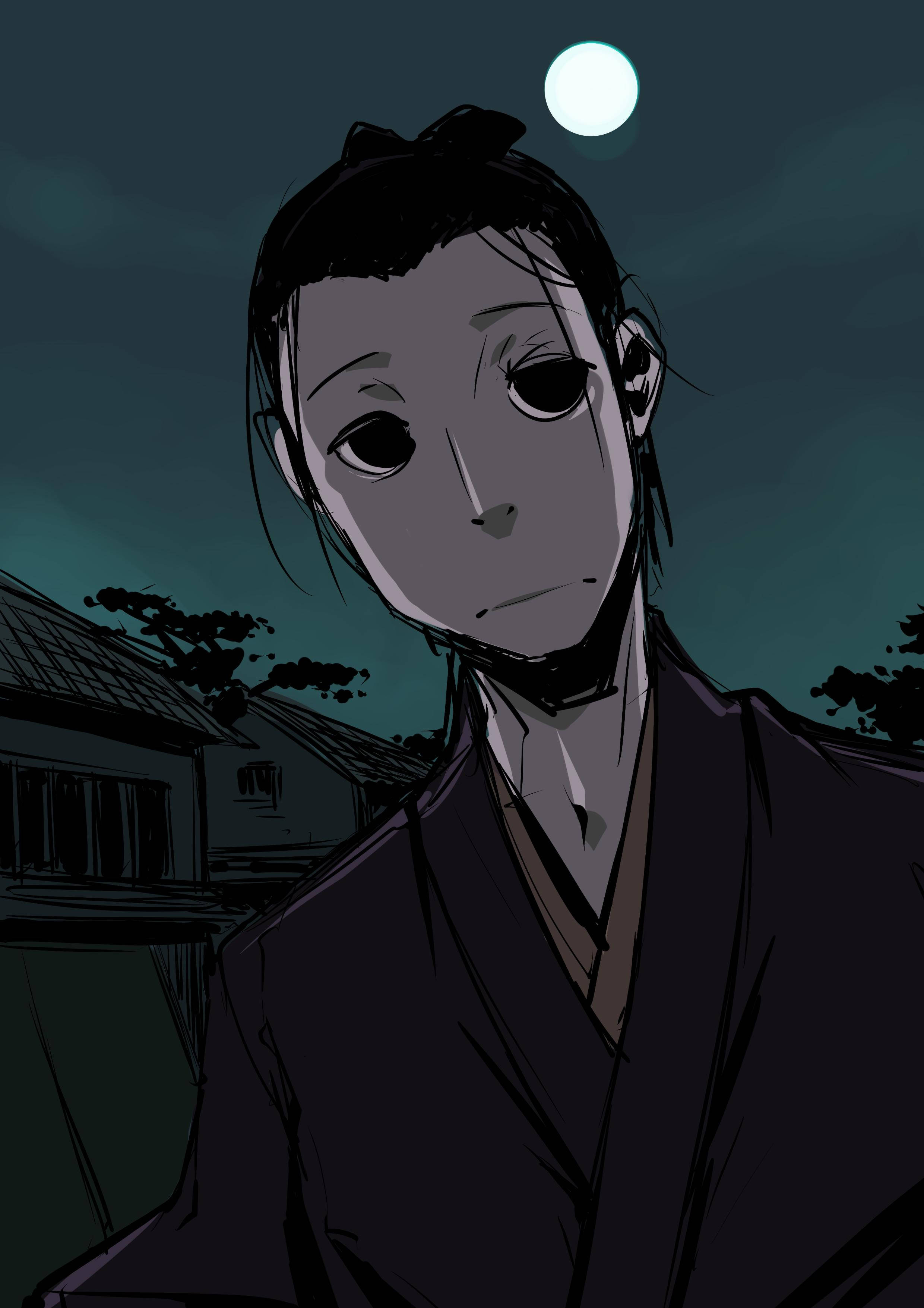saraiya goyou 桌布 壁紙 — 一個憂鬱的動漫角色穿著深色和服，在夜晚寧靜的村莊中站在滿月下。