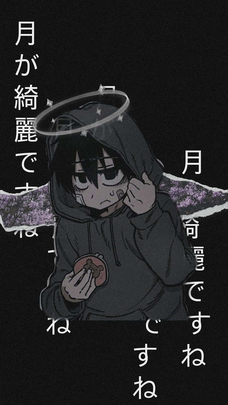 憂鬱男孩 桌布 壁紙 — 一個憂鬱的動漫角色穿著連帽衫，拿著一個甜甜圈，光環漂浮在頭頂上方，背景為深色並帶有日文字。