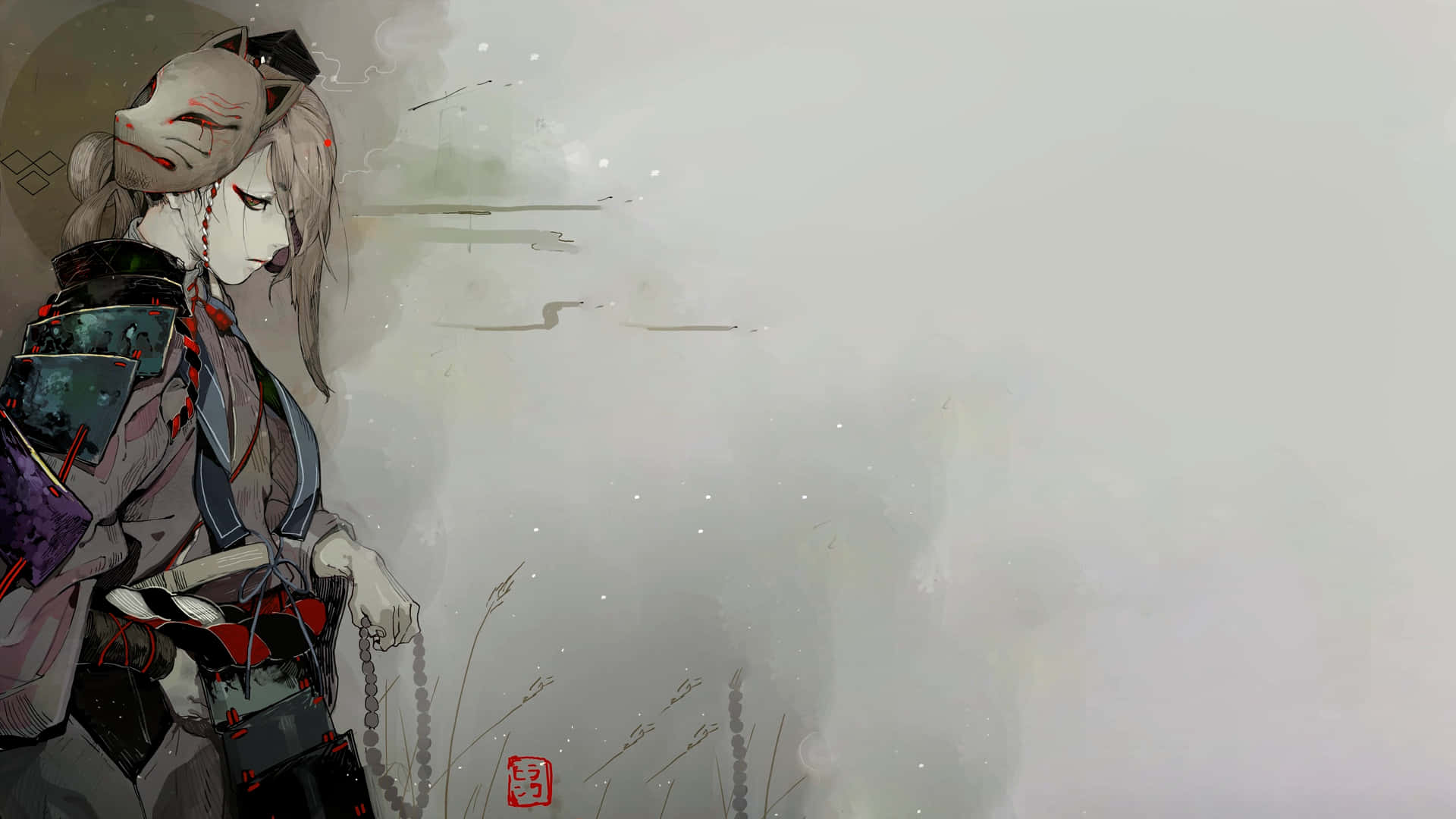 動漫 桌布 壁紙 — 一個憂鬱的動畫狐狸精靈穿著傳統服飾，在迷霧灰調中手持念珠。