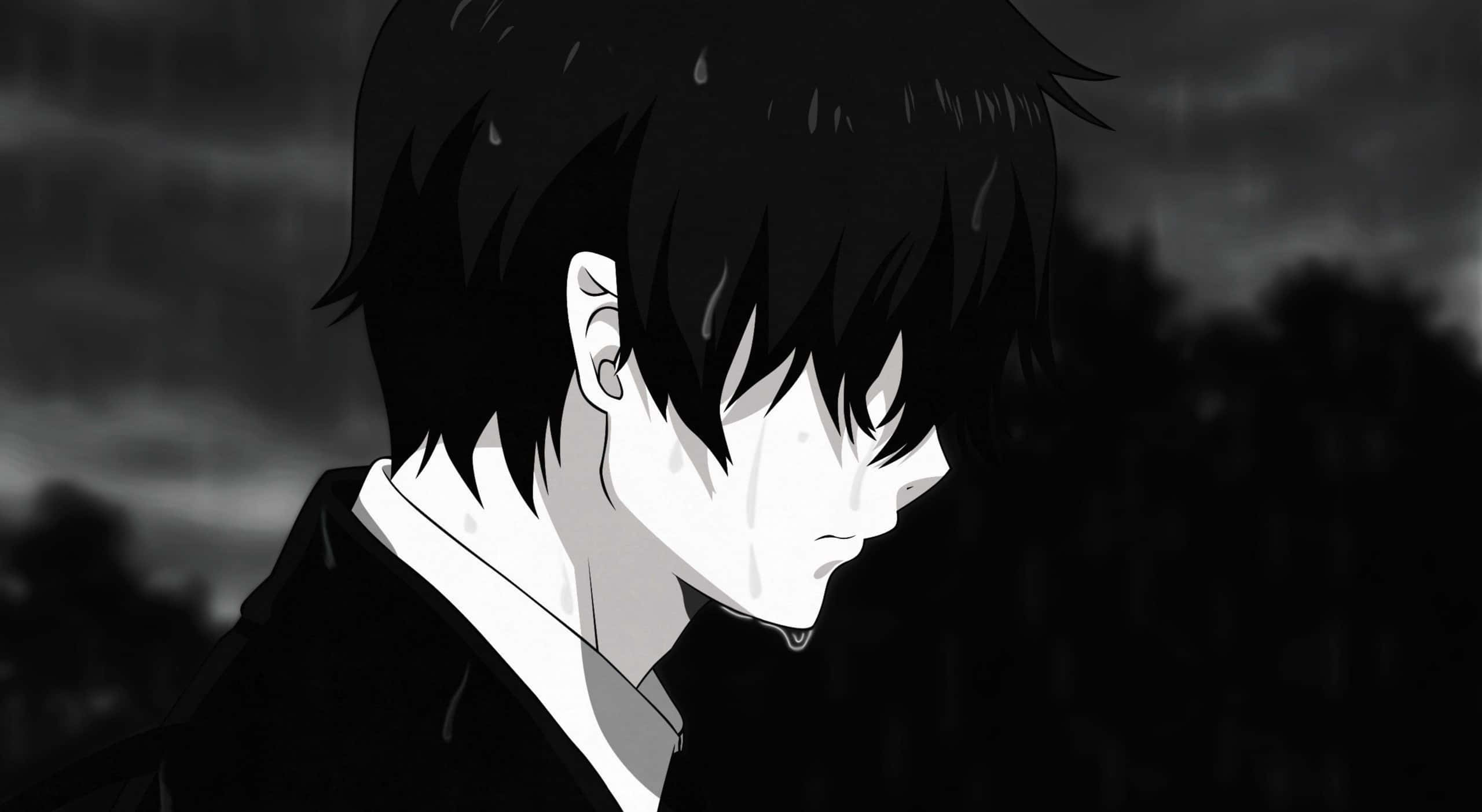 Black And White Anime 桌布 壁紙 — 一個憂鬱的動畫男孩，濕透的頭髮和淚水順著臉頰流下，站在一個下雨的單色城市場景中。