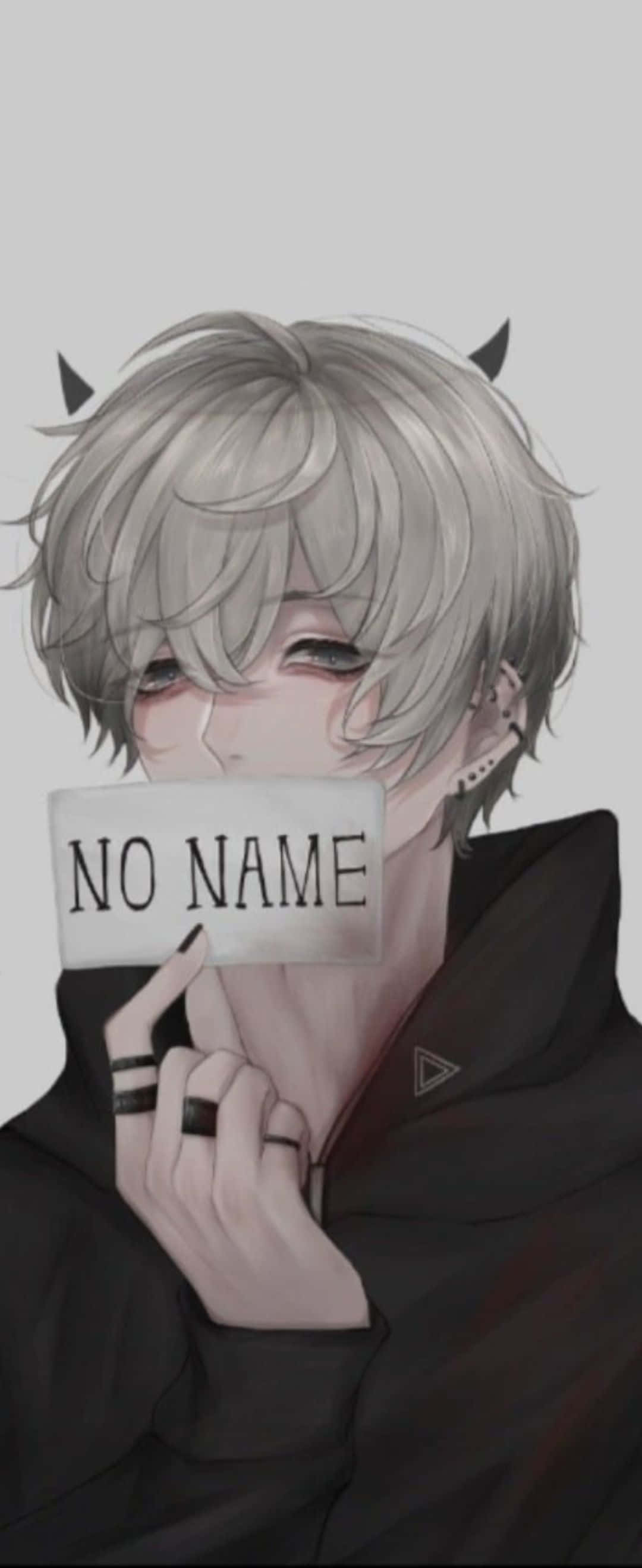 1080x2636 桌布 壁紙 — 一個憂鬱的動畫男孩，灰色頭髮和惡魔角，拿著一個寫著 no name 的牌子，同時遮住他的嘴。