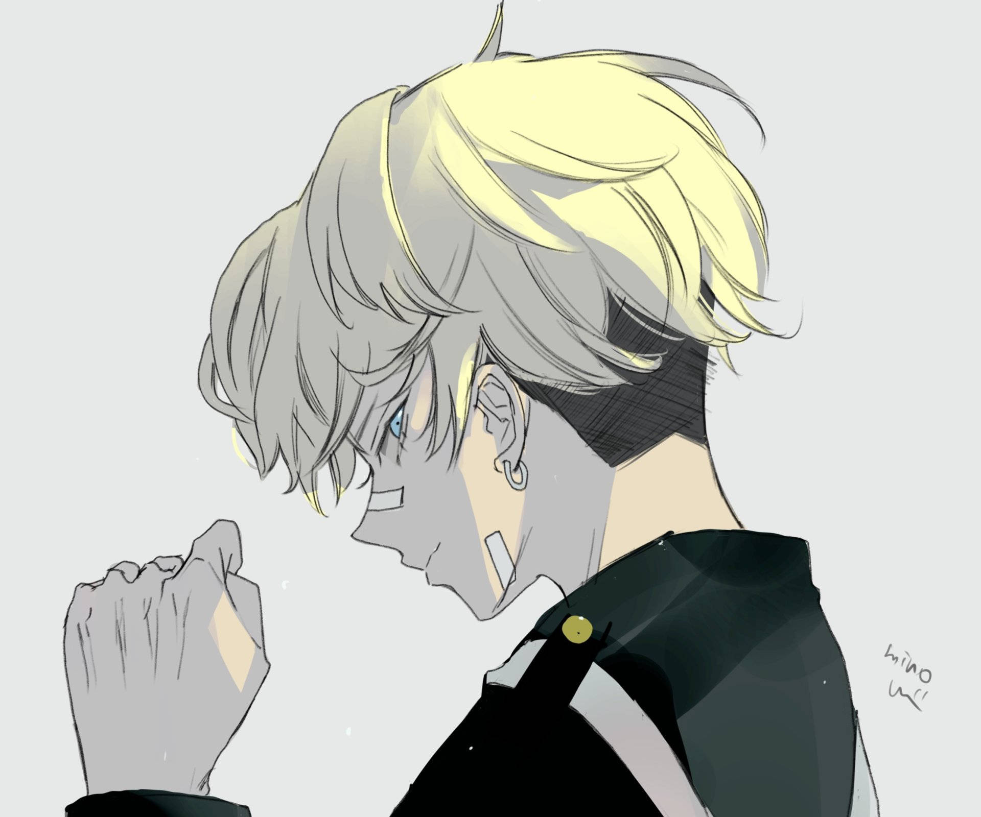 chifuyu matsuno 桌布 壁紙 — 一個憂鬱的動畫男孩，銀髮藍眼，在純色背景前緊握拳頭。