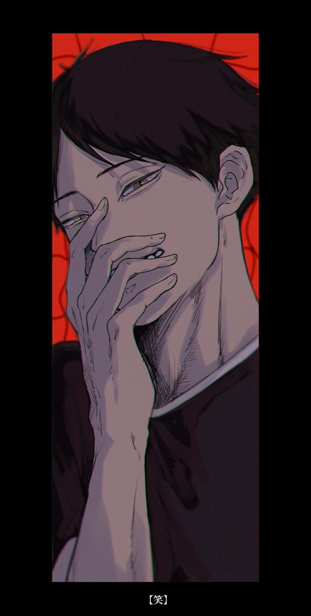 排球少年 桌布 壁紙 — 一個憂鬱的動畫男性，深色頭髮，手靠近嘴巴，背景是鮮豔的紅色。