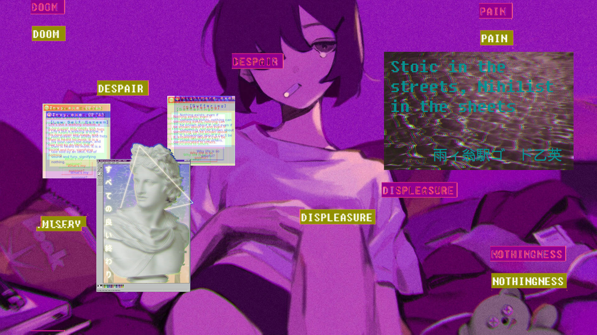 桌布 壁紙 — 一個憂鬱的紫髮動漫女孩在漂浮的文字框（標示著絕望和痛苦）中抽煙，背景是充滿活力的紫色數位故障效果。
