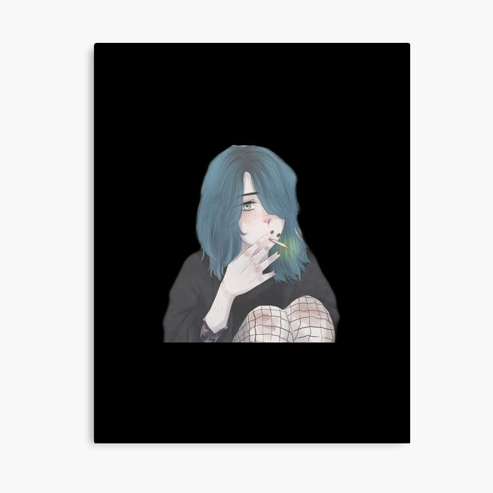 動漫 桌布 壁紙 — 一個憂鬱的藍髮動漫女孩在純黑背景下抽煙。
