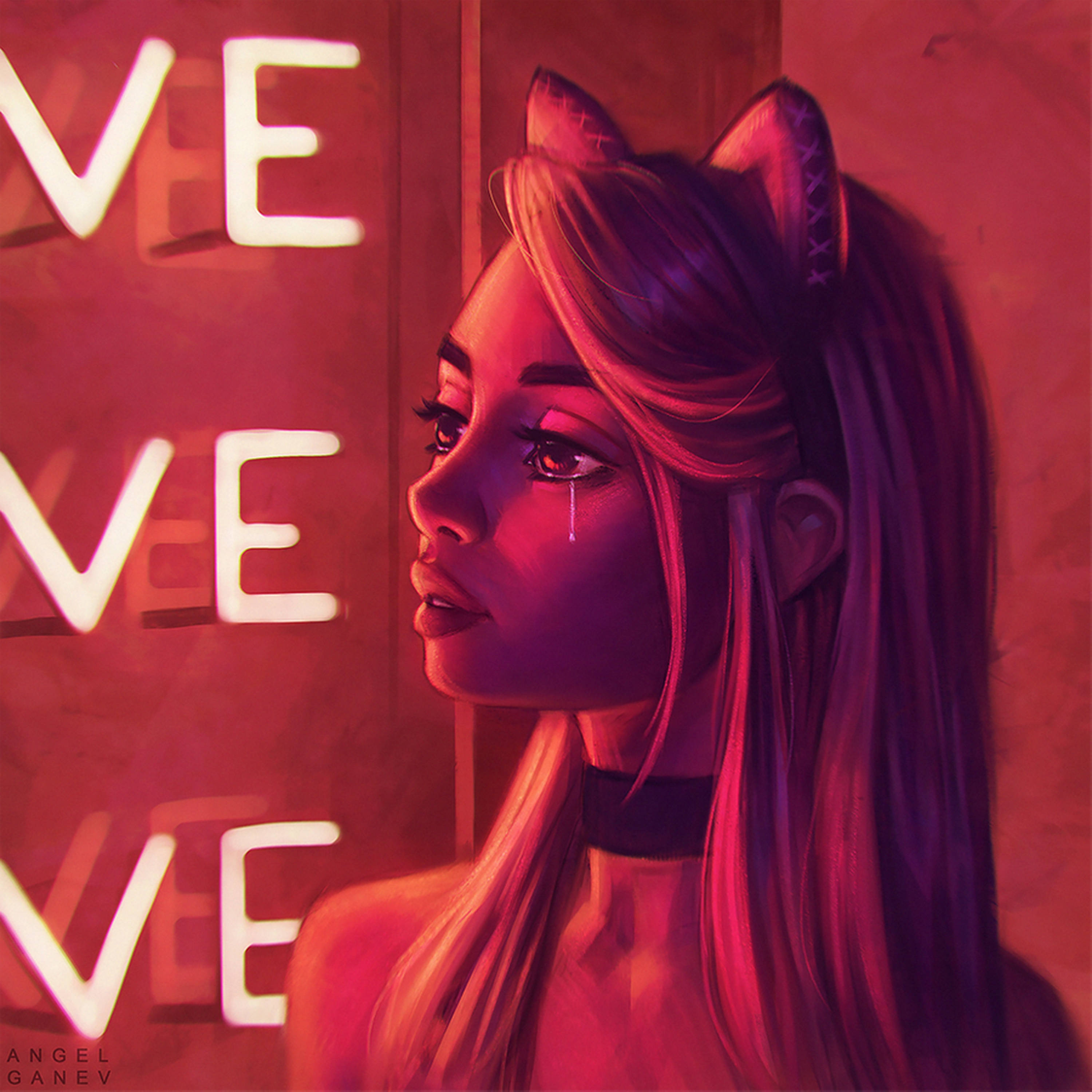 Sad Girl 桌布 壁紙 — 一個憂鬱的貓耳動漫女孩在昏暗的紅光房間裡，在發光的霓虹愛情標誌下流淚。
