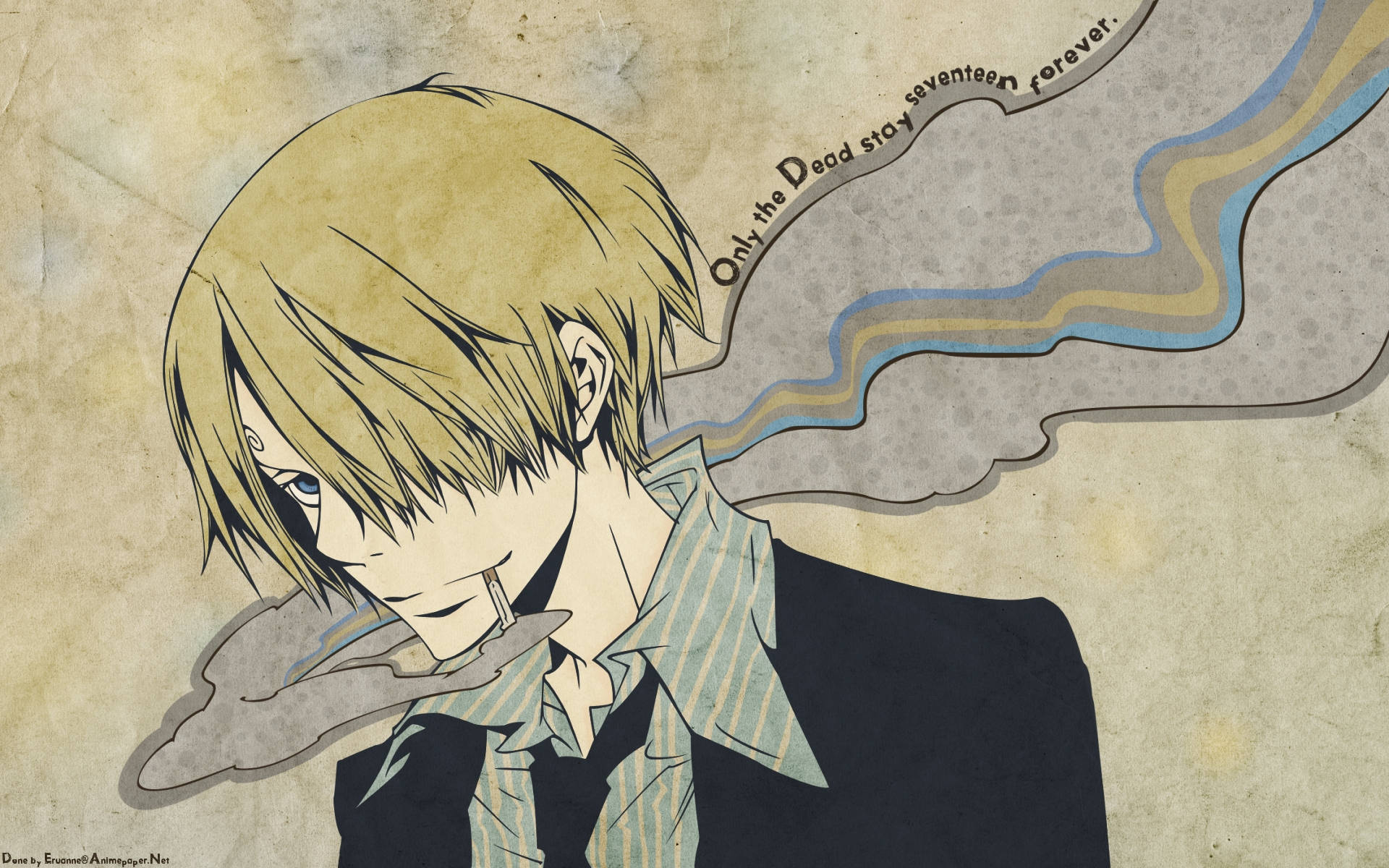 Sanji 桌布 壁紙 — 一個憂鬱的金髮動漫男孩在帶有紋理的羊皮紙背景上抽煙，背景有旋轉的煙霧和文字。