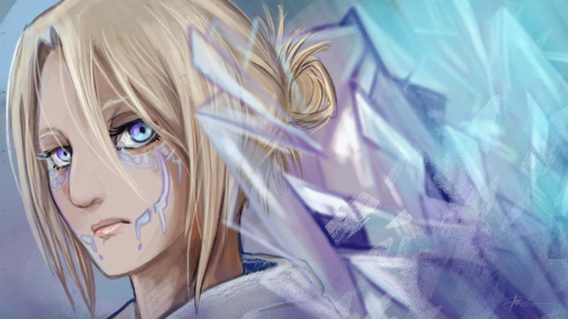 Annie Leonhart 桌布 壁紙 — 一個憂鬱的金髮紫眼動漫女孩，在冰冷的藍色背景下，淚流冰淚，水晶碎片從她的臉上爆裂而出。