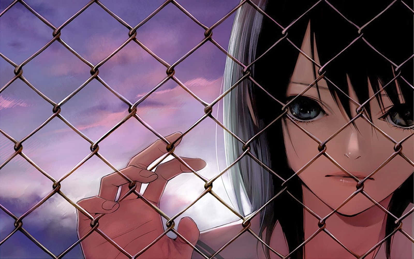 動漫女孩 桌布 壁紙 — 一個憂鬱的銀髮動漫女孩透過鐵絲網凝視著暮色天空。