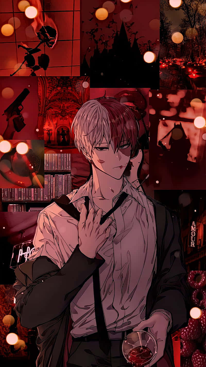Todoroki Black 桌布 壁紙 — 一個憂鬱的銀髮動漫男孩，手持一杯紅色液體，背景是帶有散景燈光的深紅色場景拼貼。