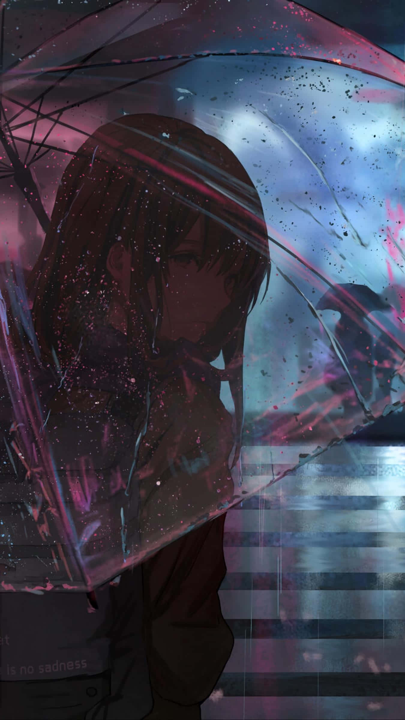 Rain Anime 桌布 壁紙 — 一個憂鬱的黑發動漫女孩，在帶有粉紅和藍色條紋的陰鬱暮色天空下，撐著一把沾滿雨珠的透明雨傘。
