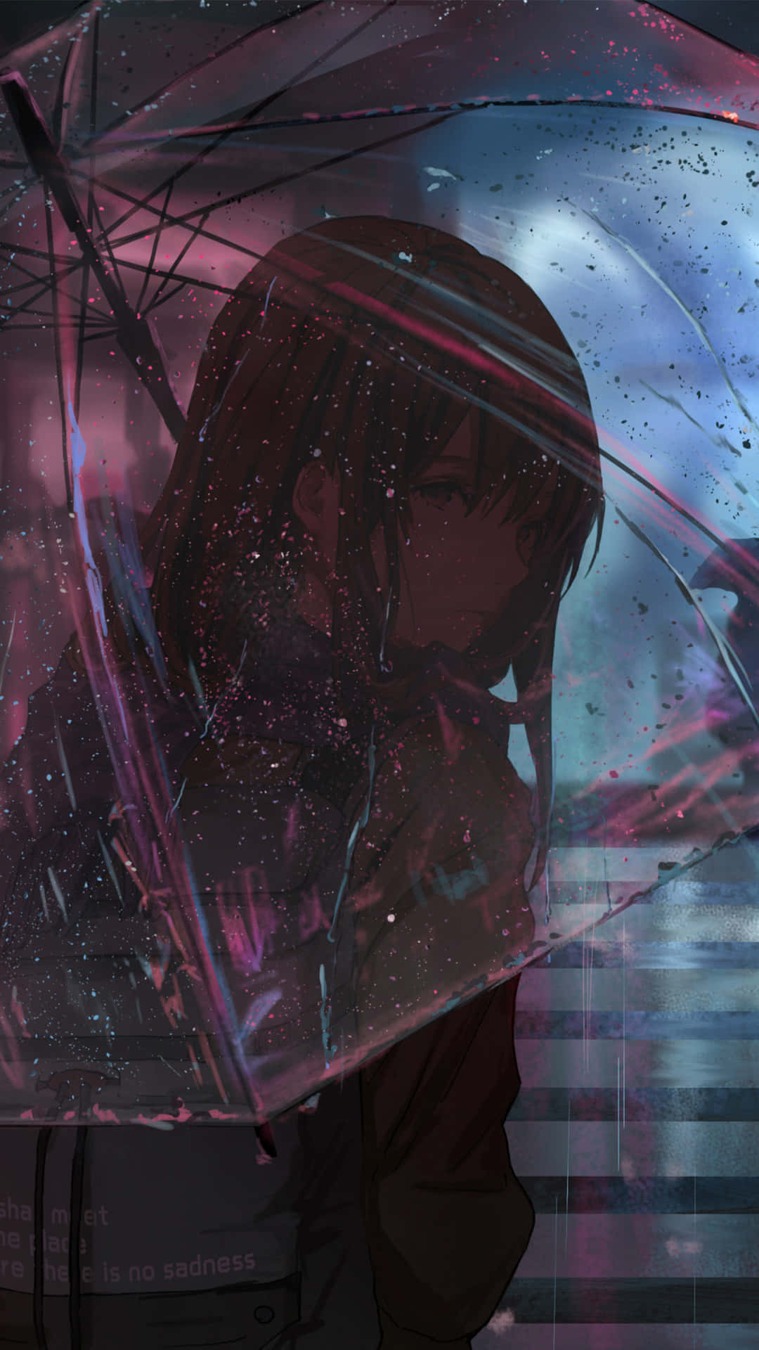 動漫 桌布 壁紙 — 一個憂鬱的黑髮動漫女孩拿著透明雨傘，雨水在充滿氣氛的紫色和藍色天空中劃過。
