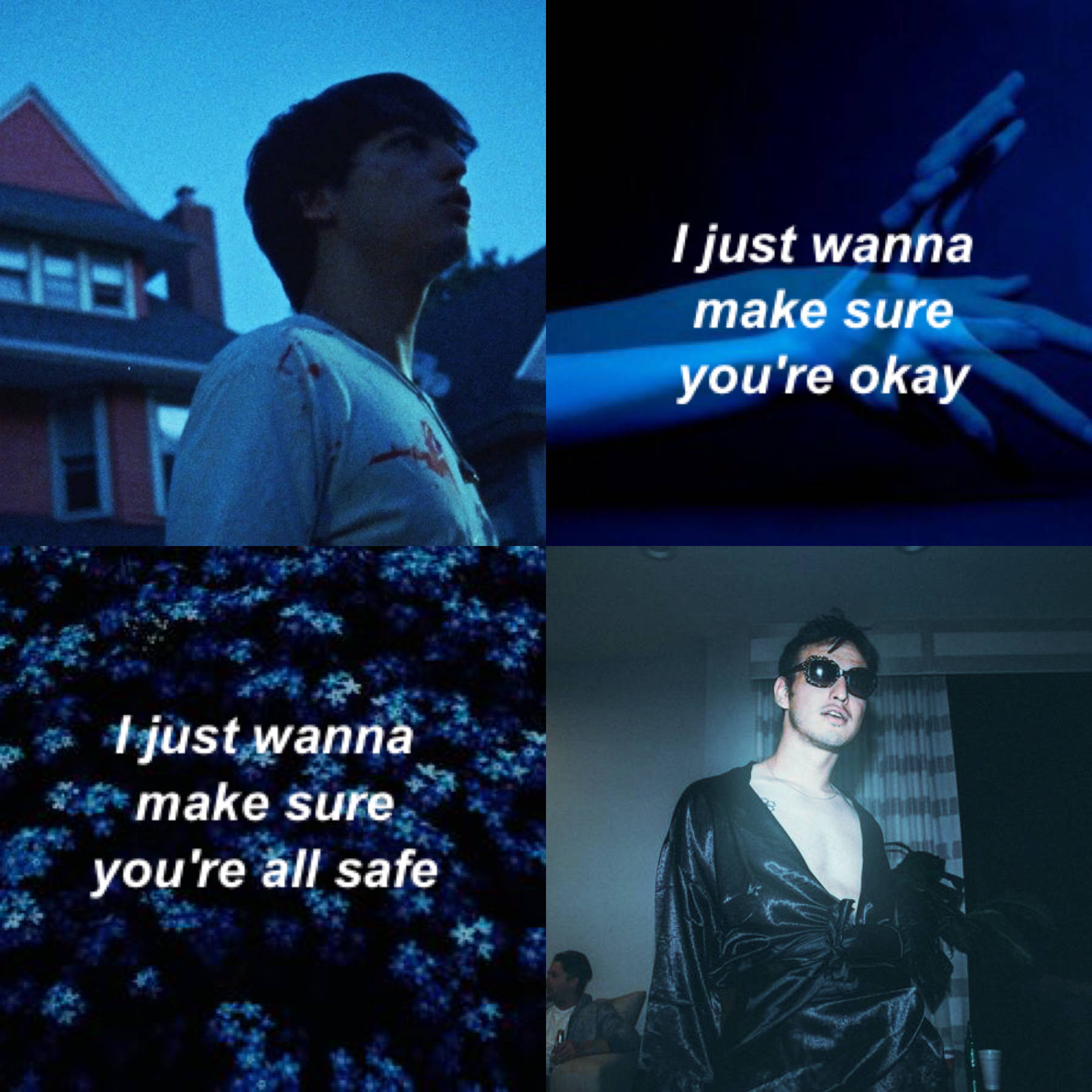 Joji 桌布 壁紙 — 一個憂鬱藍色調的拼貼畫，包含四個場景，人物處於昏暗燈光下，並疊加了表達關懷和安全的文字。