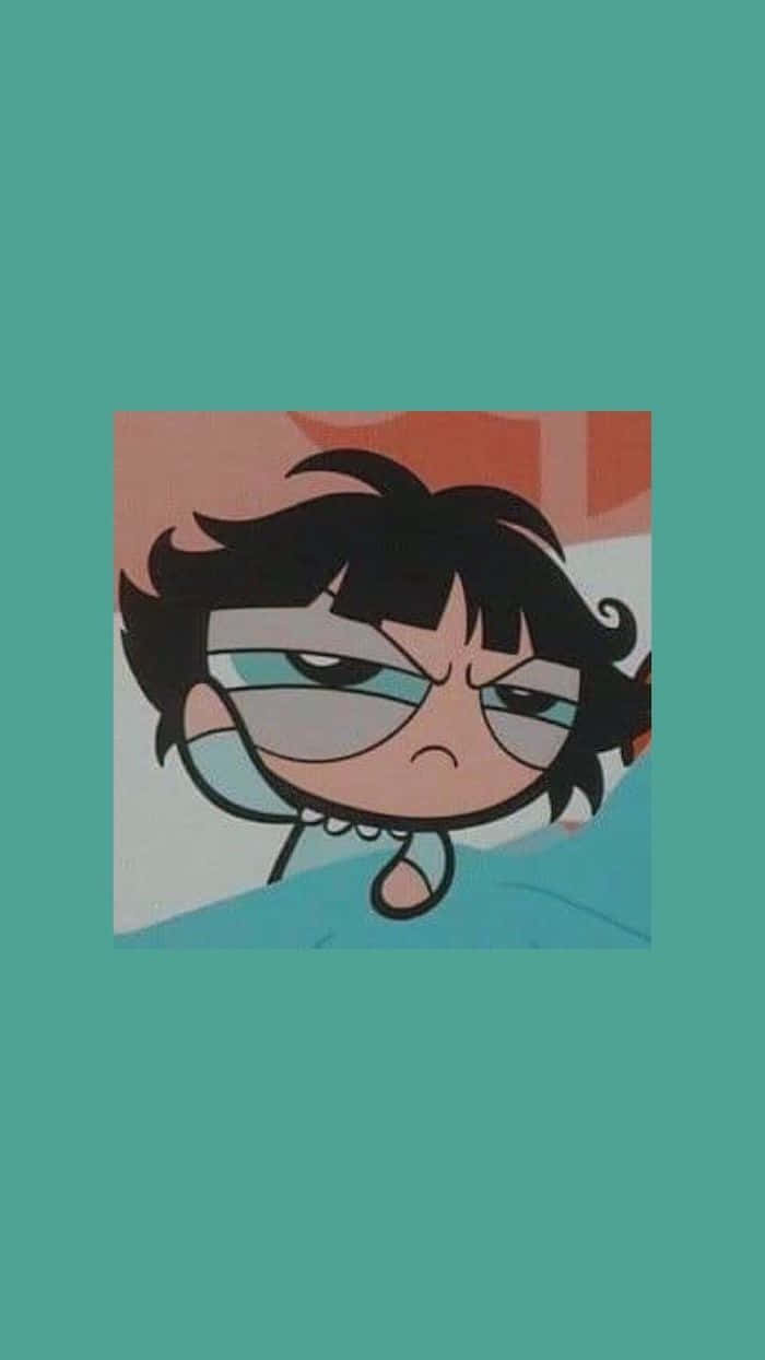 Aesthetic Funny Phone 桌布 壁紙 — 一個憤怒的動漫女孩，黑髮戴眼鏡，在青綠色背景下兇狠地瞪著眼。