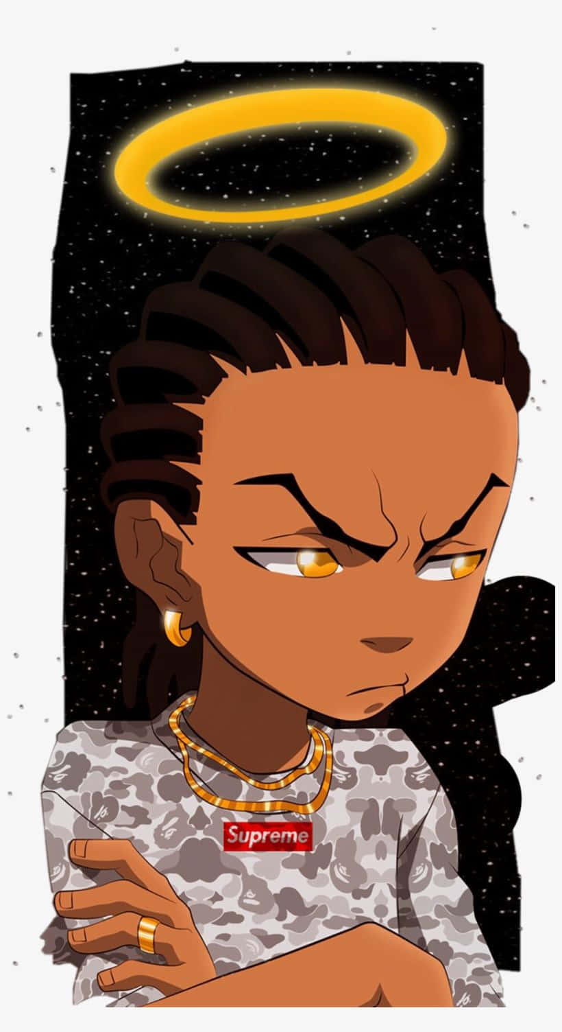 Boondocks 桌布 壁紙 — 一個憤怒的動漫角色，帶有金色光環和星光黑色背景，穿著Supreme襯衫和金飾。