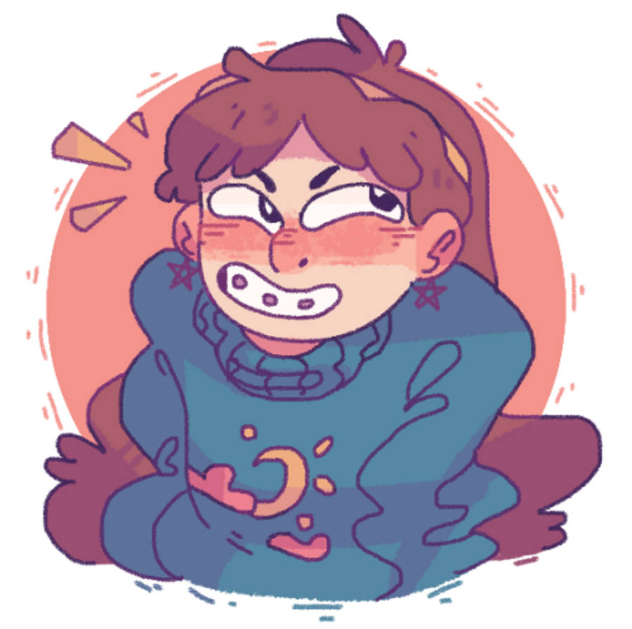 Mabel 桌布 壁紙 — 一個憤怒的卡通女孩，棕色頭髮，戴著星星耳環，穿著帶有月亮圖案的藍色毛衣，兇狠地瞪著眼。
