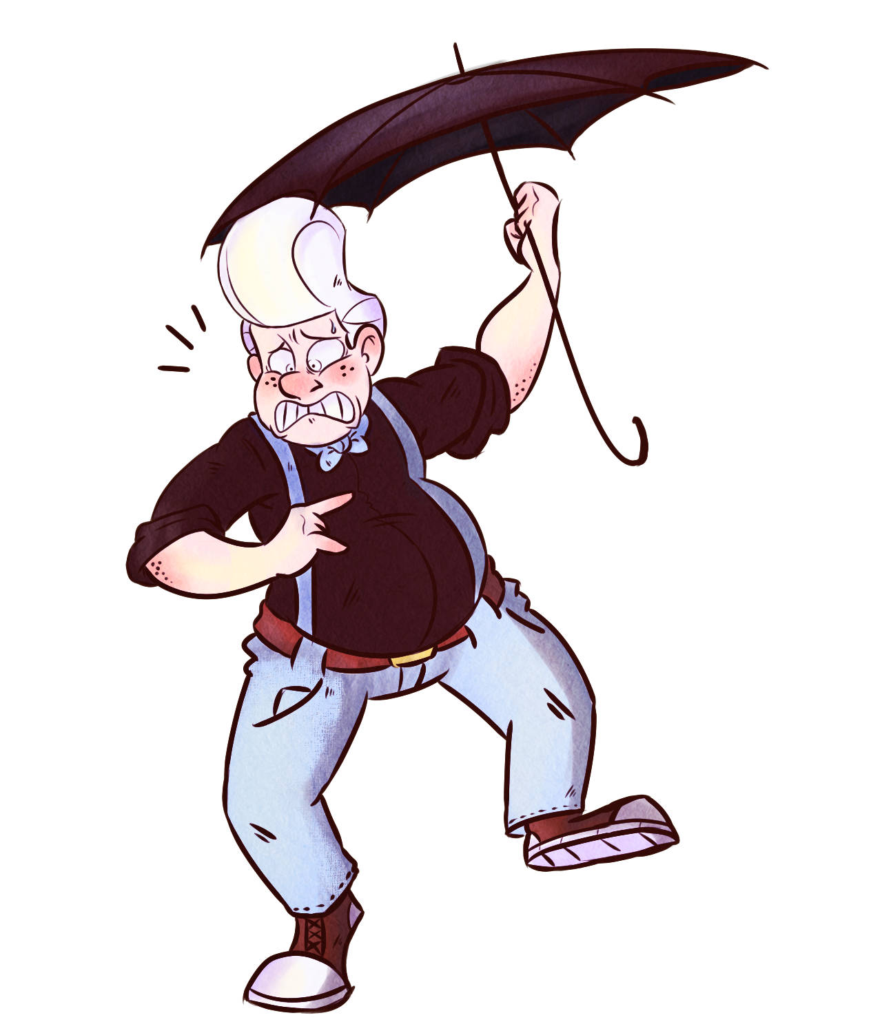 gideon gleeful 桌布 壁紙 — 一個憤怒的卡通廚師，白髮戴蝴蝶結，憤怒地拿著雨傘並指責地指著。