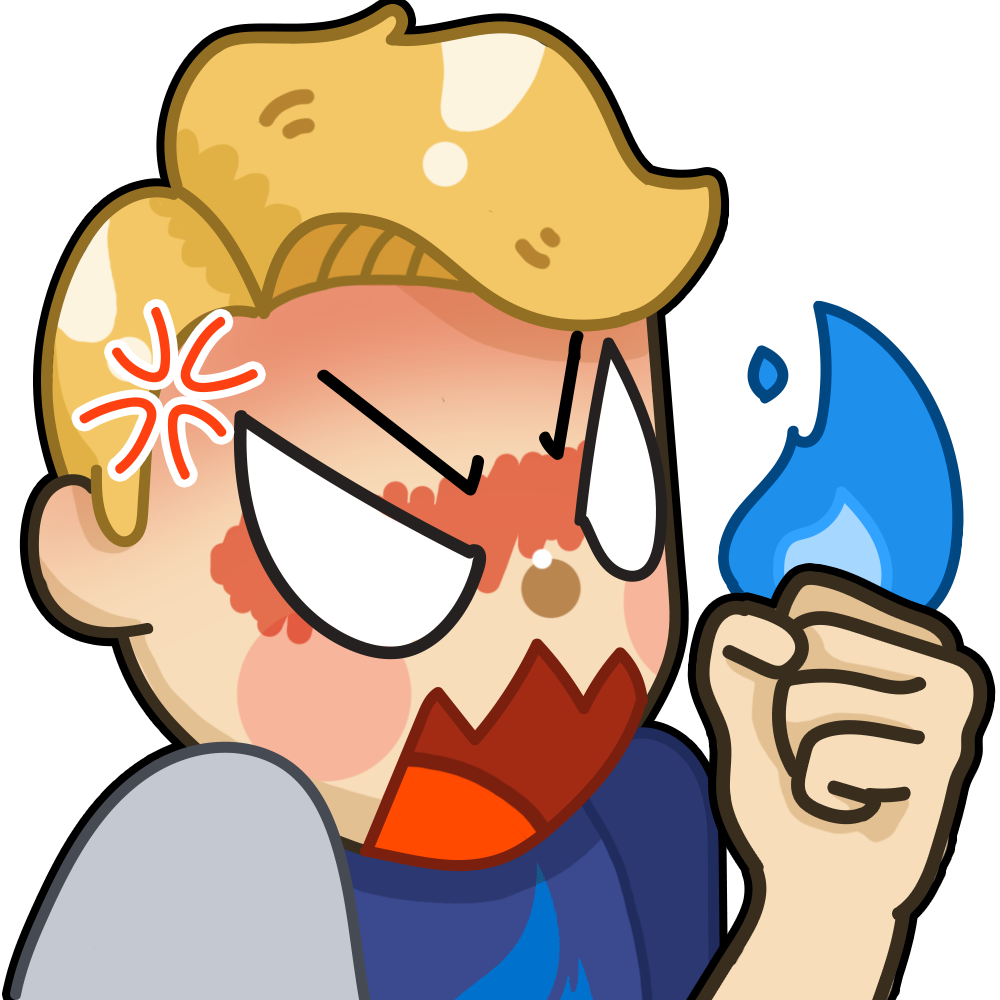 Emote 桌布 壁紙 — 一個憤怒的卡通角色，金髮紅臉，手持藍色火焰，頭頂出現紅色星爆。