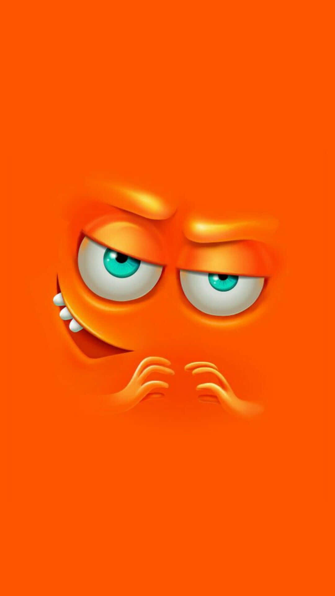 Funny Face 桌布 壁紙 — 一個憤怒的橙色卡通角色，擁有發光的藍綠色眼睛和緊握的拳頭，在純橙色背景上強烈地凝視。