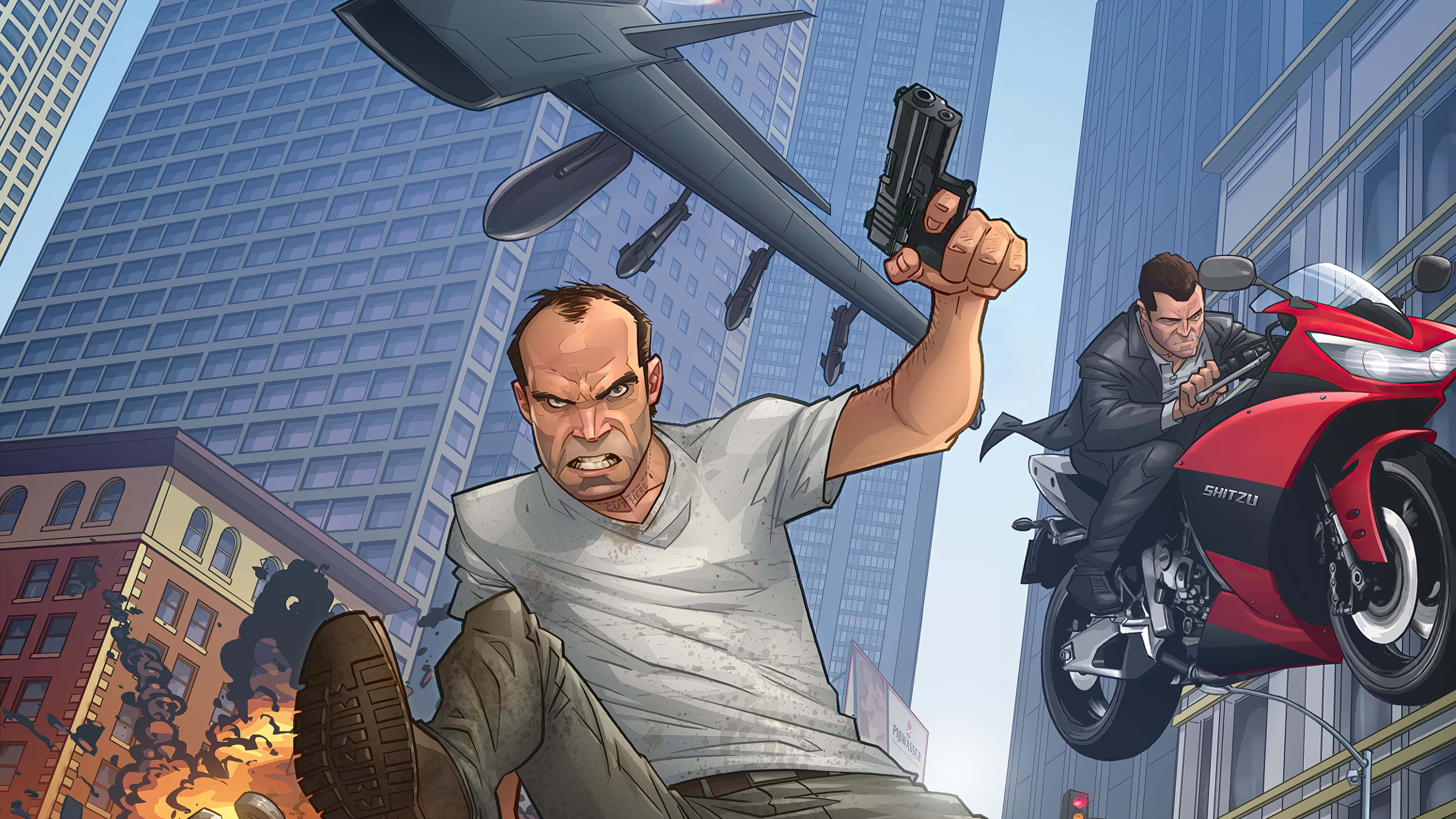 Gta V 4K 桌布 壁紙 — 一個憤怒的男人在城市的街道上揮舞著槍，一輛紅色摩托車在摩天大樓間疾馳，一架戰鬥機從頭頂飛過。
