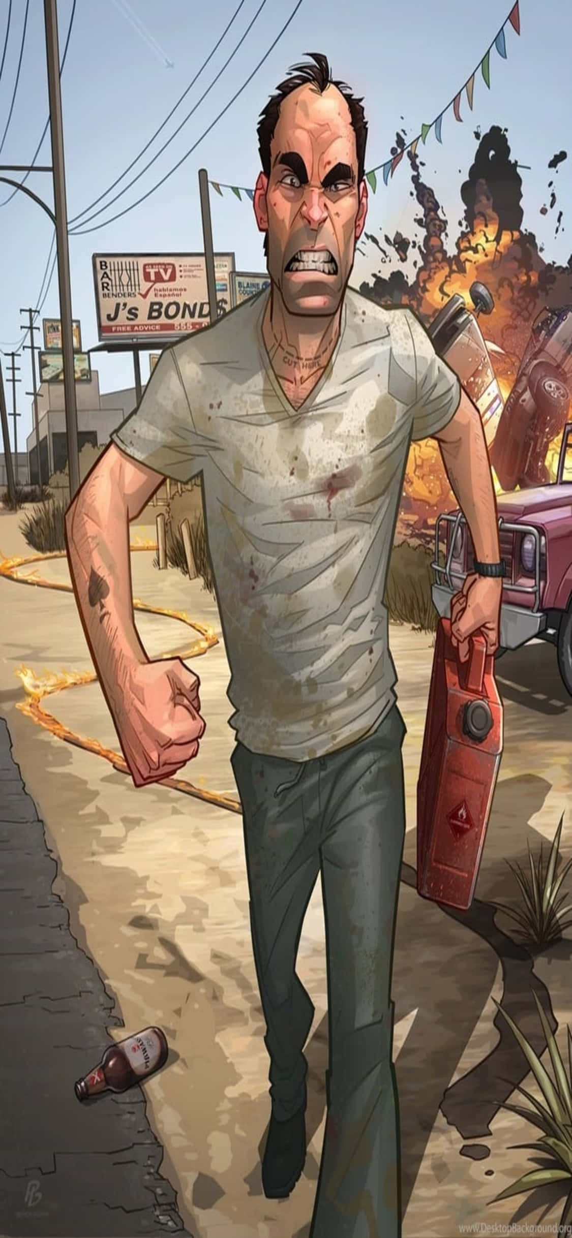 Grand Theft Auto V 桌布 壁紙 — 一個憤怒的男人穿著一件髒污的襯衫，拿著一個紅色的汽油罐，在一條塵土飛揚的街道上奔跑，背後發生爆炸。