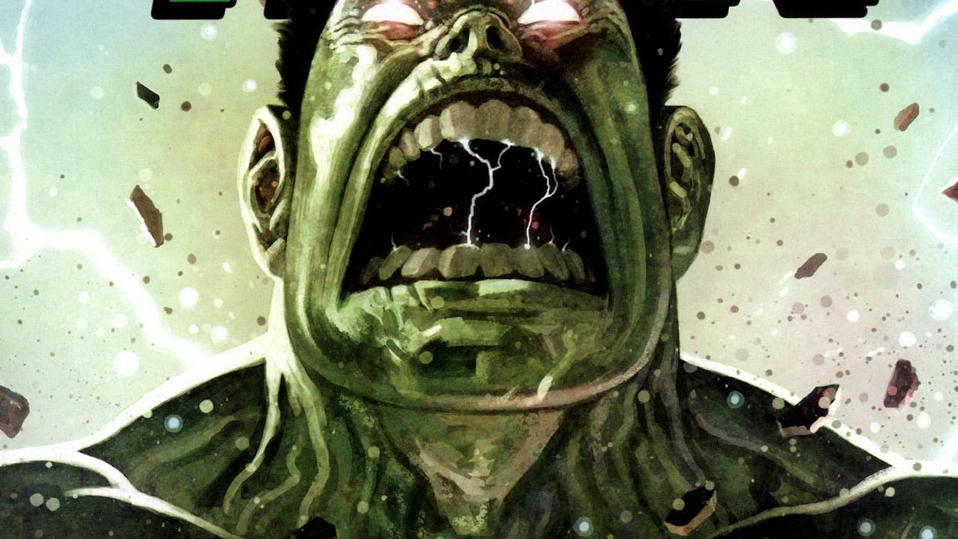 Angry 桌布 壁紙 — 一個憤怒的綠色浩克咆哮著，口中閃電劈啪作響，背景破碎。