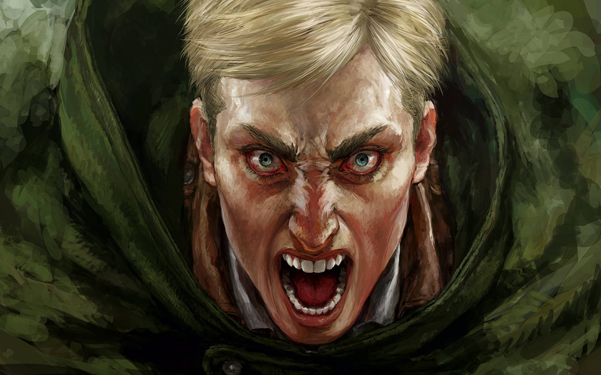 Erwin 桌布 壁紙 — 一個憤怒的金髮男人，眼睛發出紅光，在綠色斗篷內咆哮，構成戲劇性的動漫插圖。