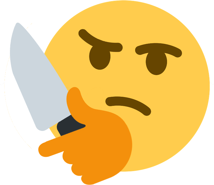 Discord 桌布 壁紙 — 一個憤怒的黃色表情符號臉孔，在黑色背景下帶著陰沉的表情握著一把刀。
