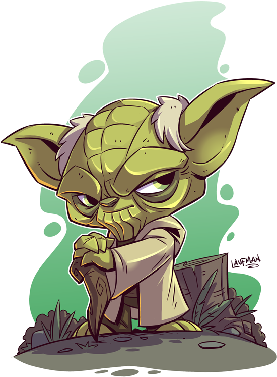 Yoda 桌布 壁紙 — 一個憤怒眼神的Q版尤達握著光劍柄，站在岩石上，身後有綠色迷霧旋轉。
