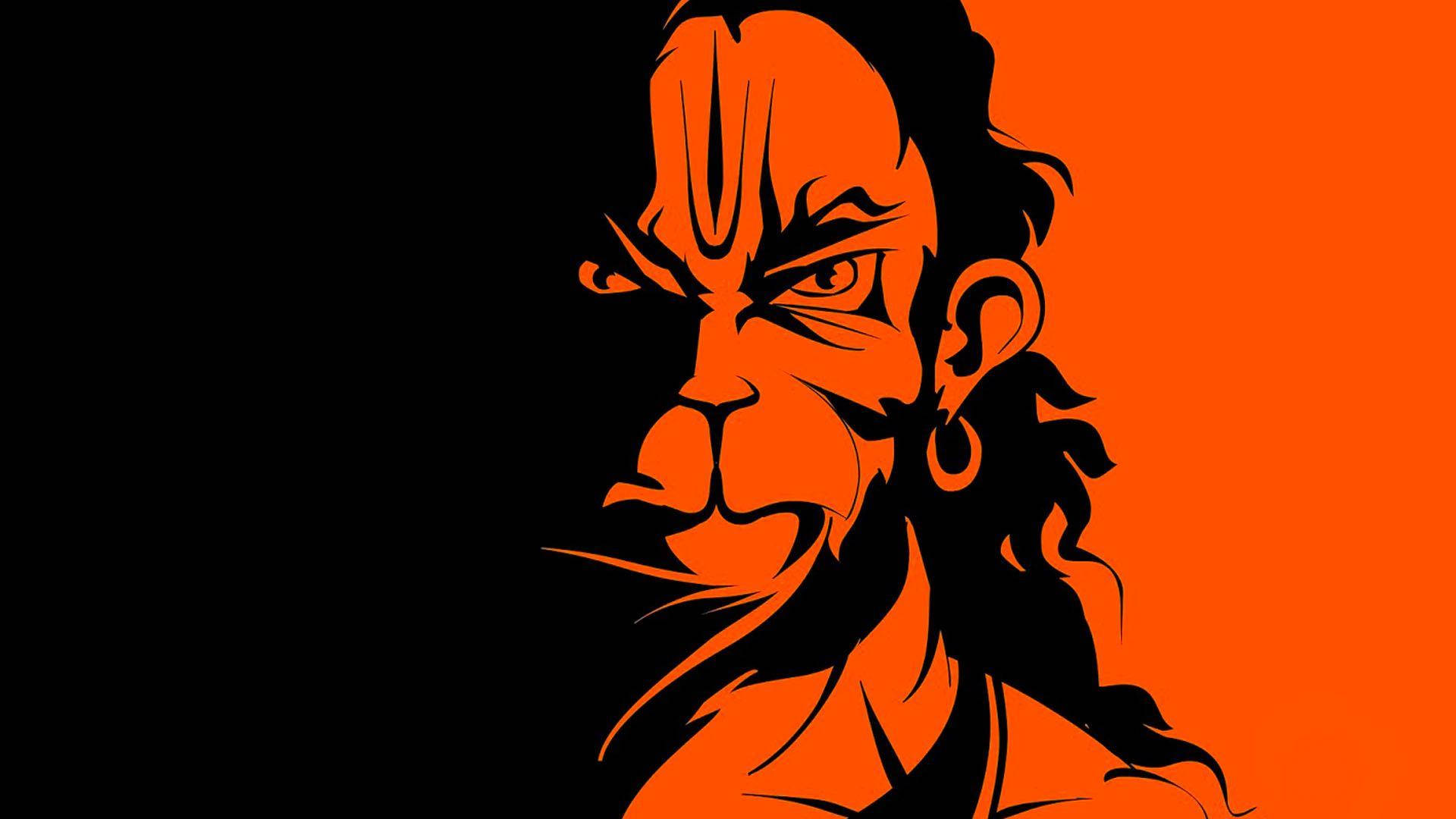 hanuman 4K HD 桌布 壁紙 — 一個憤怒神靈的兇猛橙色和黑色風格化插圖，帶有強烈的眼睛和飄逸的頭髮，背景分裂。
